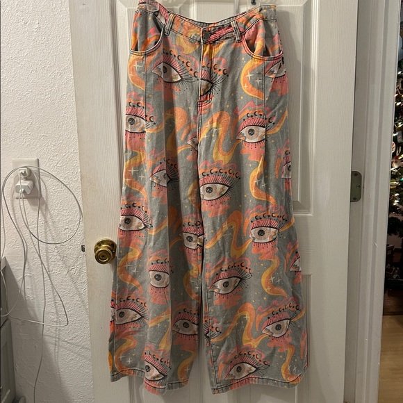 Evil eye super wide legged denim jeans button & zipper unbranded - Picture 14 of 15